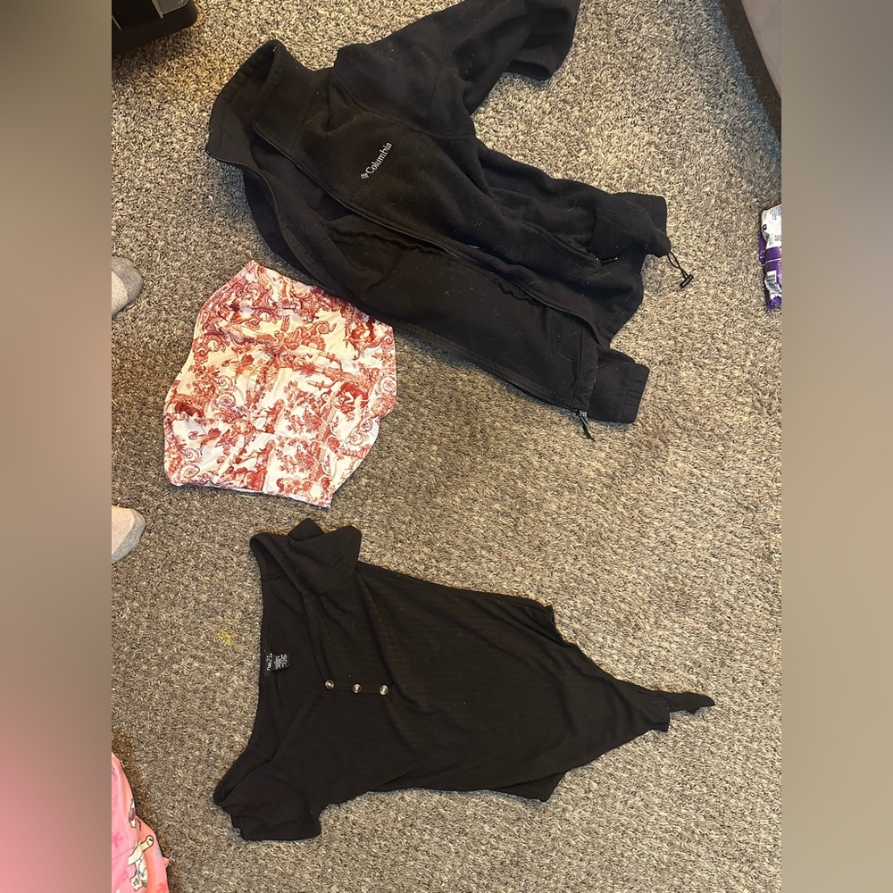 Columbia Black Jacket with Floral Shorts and Black Top